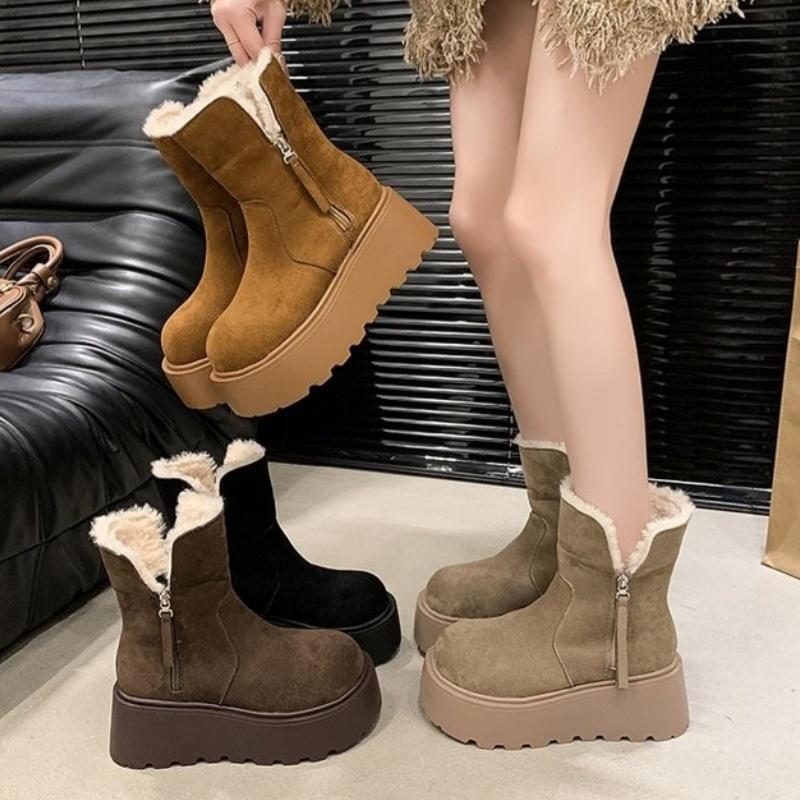 Женские меховые ботильоны на платформе, зимние ботинки на плоской подошве, замшевые теплые плюшевые хлопковые туфли, женская зимняя обувь 2025 года, готические, удобные, нескользящие, Botas Mujer
