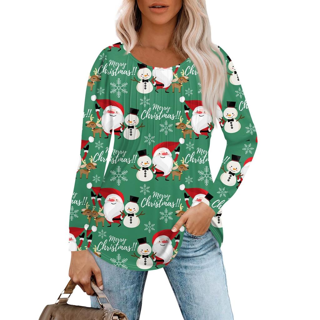 Женская повседневная футболка с круглым вырезом и длинными рукавами с рождественским принтом и складками