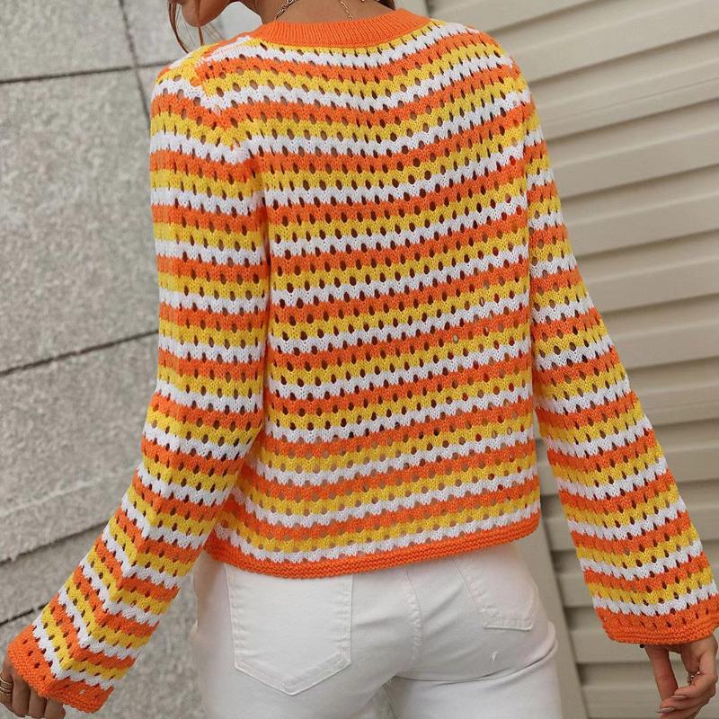 IHUASU Autumn and Winter O-neck Women's Knitwear Striped Pullover Intercolour Sweater