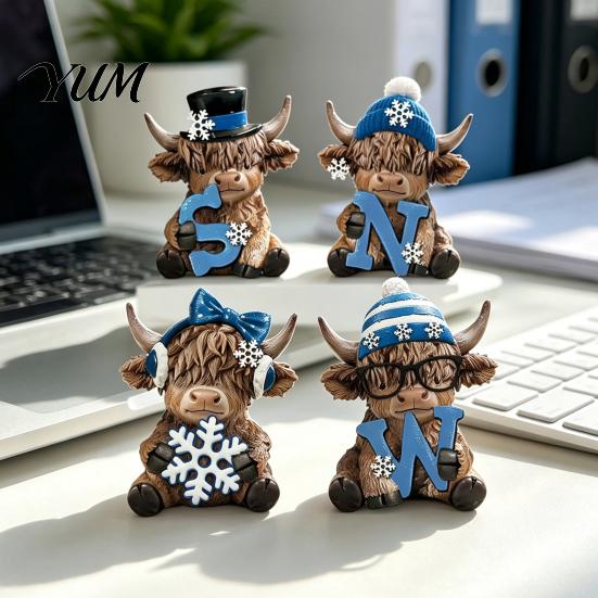 Colorful Resin Crafts 4Pcs Christmas Highland Cow Figurine, Winter Blue Yak Statues with Snowflakes Xmas Comfortable Hand Feel Decor Hats, Farmhouse