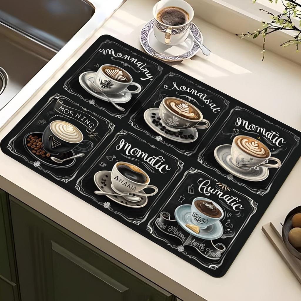 Классический кофейный дизайн Коврик для сушки посуды Мягкая резина Нескользящий Впитывающий Полиэстер Устойчивый к пятнам Для кухни Кофейный бар Столешница