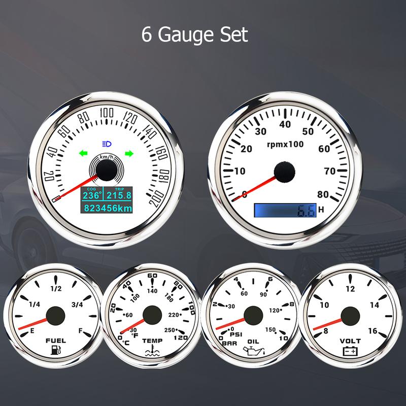 RHAXEL GPS Speedometer 160MPH 200KM/H Tachometer 8000RPM Fuel Level Water Temp. 0-120℃ Oil Pressure 0-10Bar 0-150Psi Voltmeter