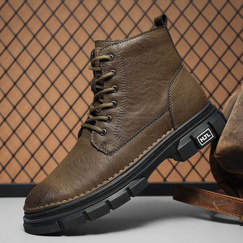 Soft Men's Genuine Leather High Top Shoes Classic Motorcycle Boots Leisure Walk Travel Mid-Calf Ankle Boots Warm Plush Fur Shoes