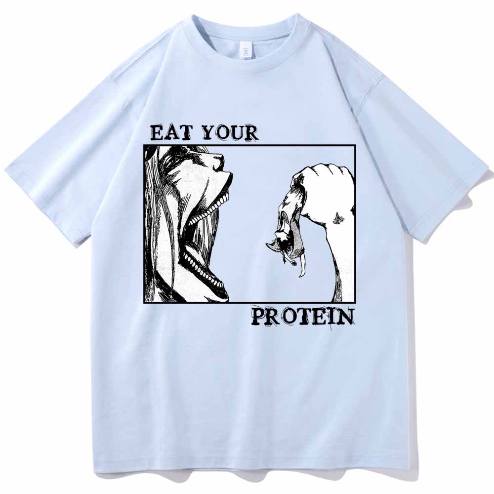 Attack On Titan TShirts Eat Your Protein Shirt Unisex Unisex Summer Casual ONeck Short Sleeve Shirts