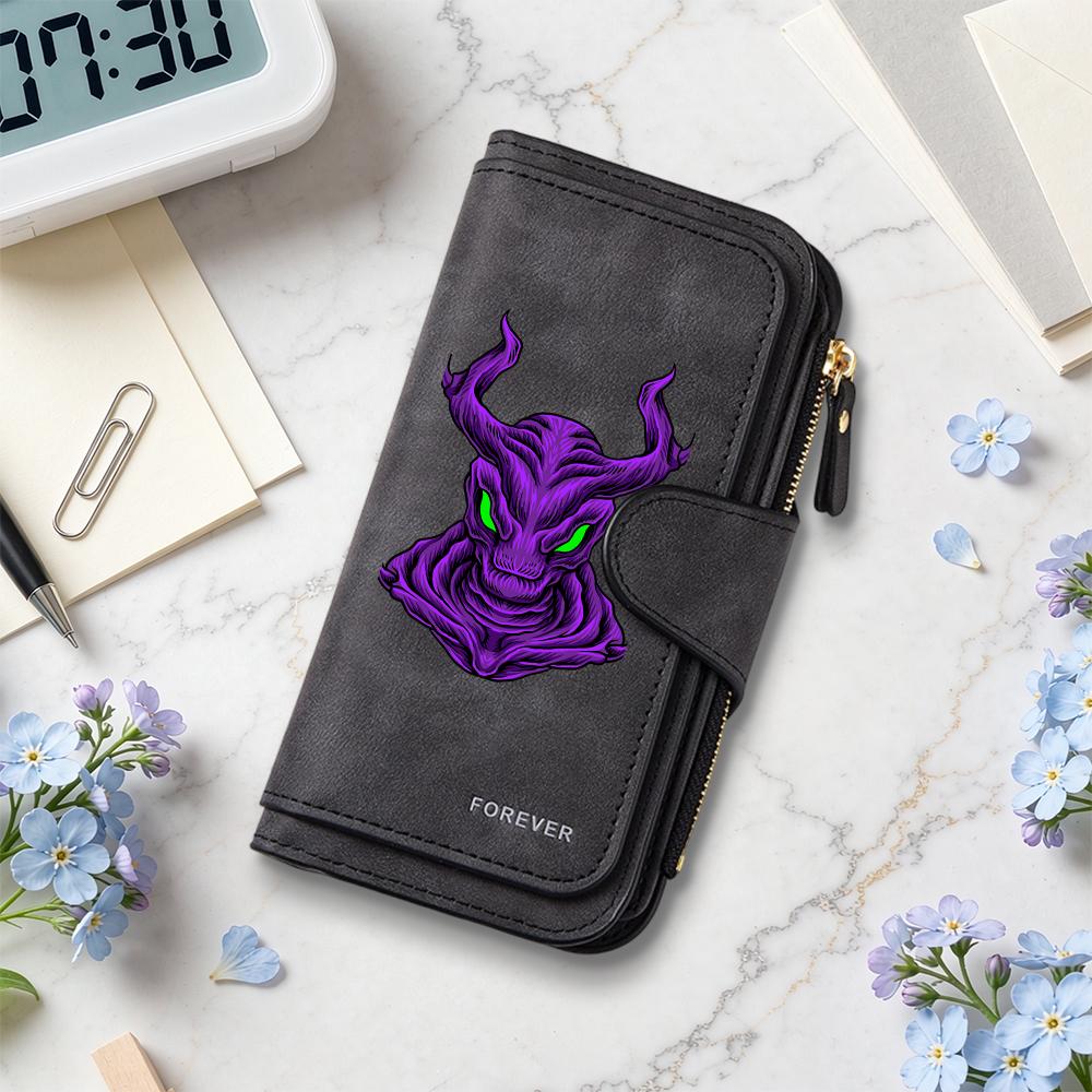 Gothic Purple Demon Pattern Long Wallet Cool Multislot Casual Card Holder Fashion Zipper Purse
