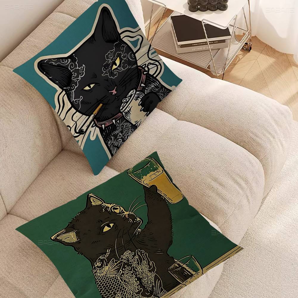 Black Drink Cat Vintage Posters Pillow Gift Home Office Decoration Bedroom Sofa Car Cushion Cover Case 45X45