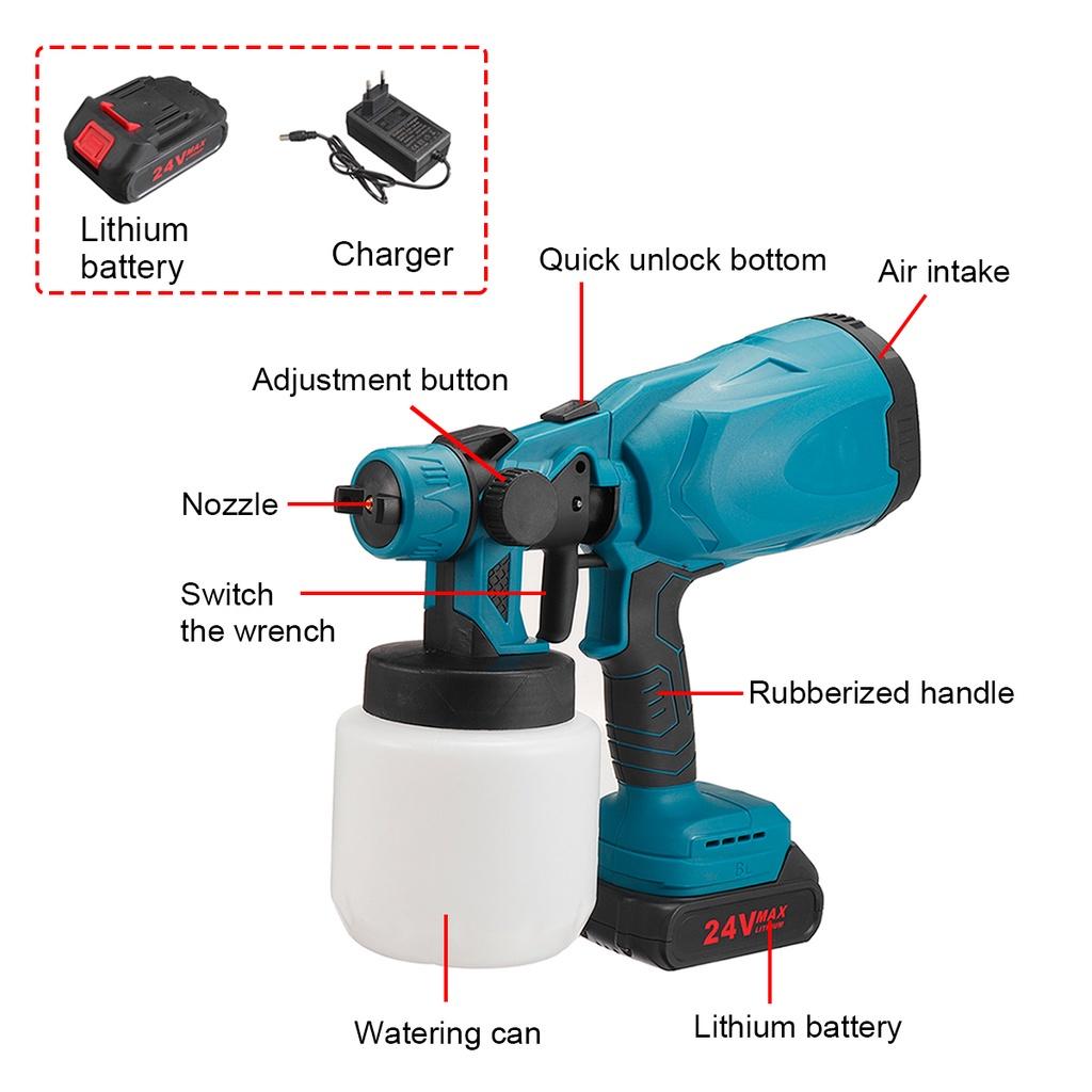 800W 24V Cordless Electric Paint Spray Guns Portable Airless Car Fence Wall Floor Paint Spraying Tool With 2 Battery