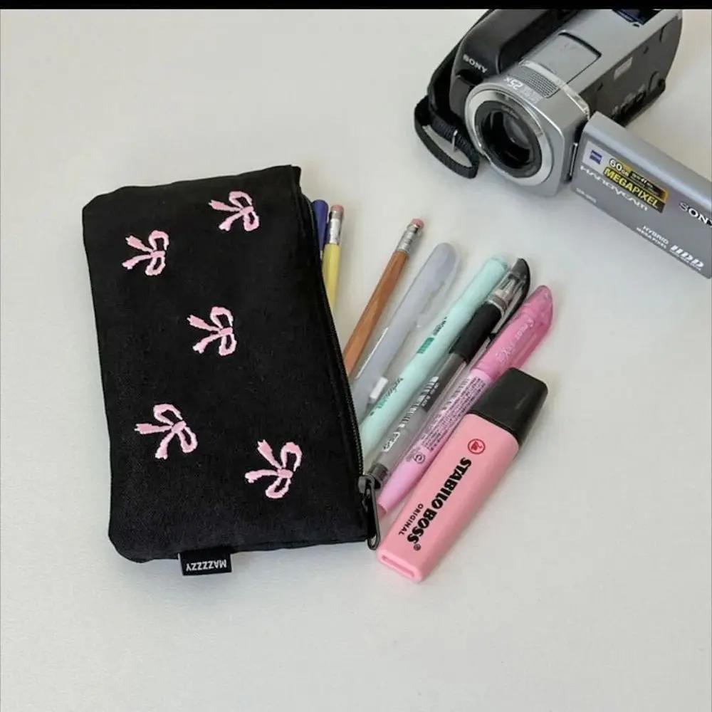 New Canvas Cute Embroidered Bag Lovely Print Bowknot Stationery Bag Square Shape Storage Bag
