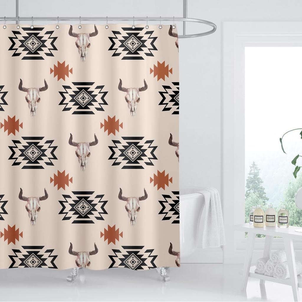 Western Aztec Shower Curtain Vintage Boho Head Geometric Rustic Native American Tribal Abstract Beige Bathroom Decor Polyester