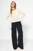 Women's Fashionable Stylish Sweater Ecru Openwork Hole Crew Neck Knitwear Sweater