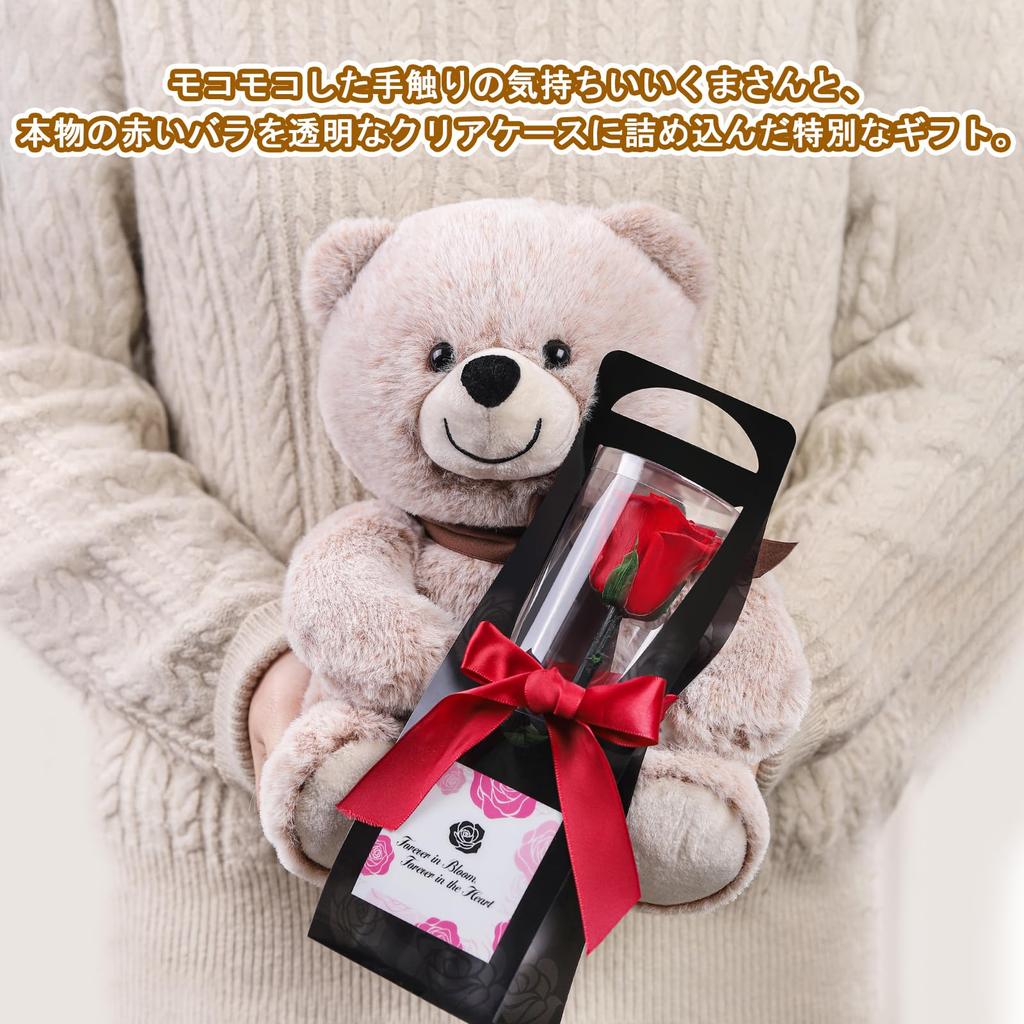 Preserved rose bouquet for women, birthdays, anniversaries, weddings, and special occasions. Includes a plush bear and a single red rose. Perfect as