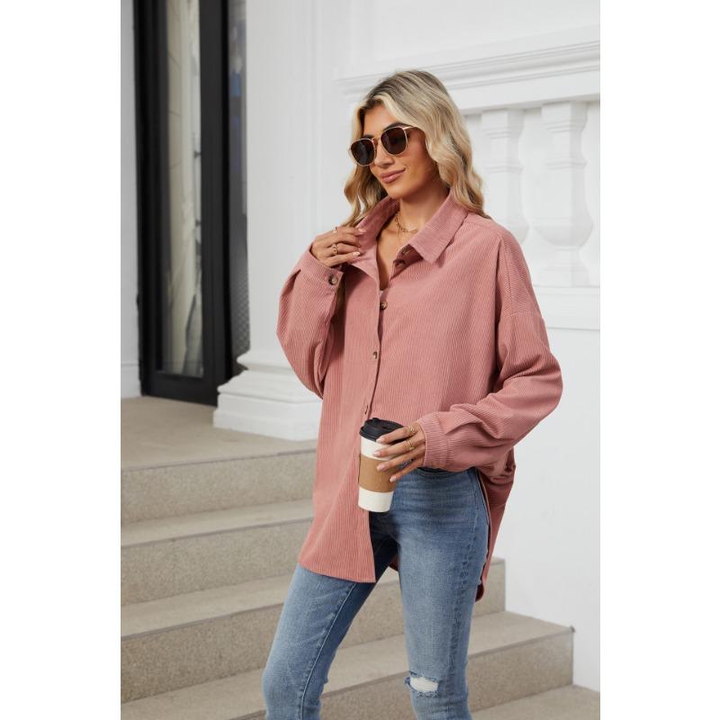 Весенне-осенняя женская однотонная свободная рубашка с длинным рукавом и пуговицами на лацканах
