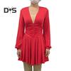 Women Dress Low Cut Deep V Neck Long Lantern Sleeves Solid Color Tight Waist Pleated A Line Big Swing Commute Lady Spring Summer Mini Dress