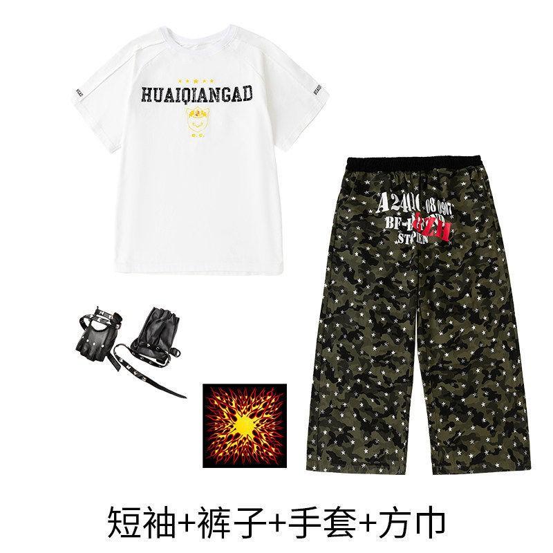 Kids Hip Hop Dance Outfit Set Boy Girl Loose Streetwear Performance Costume Cotton Short Sleeve Top Camo Pants