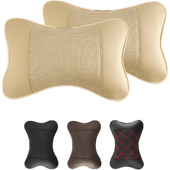 2 Pack Car Neck Pillow PU Leather Automotive Headrest Pillow for Car Support Neck Pain Relief Universal Car Pillow (Black)