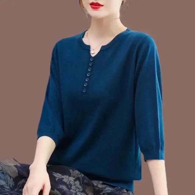 Корейская модная женская трикотажная футболка большого размера, женская одежда, весна-лето, пуловер с рукавами 3/4, свободные повседневные однотонные винтажные футболки
