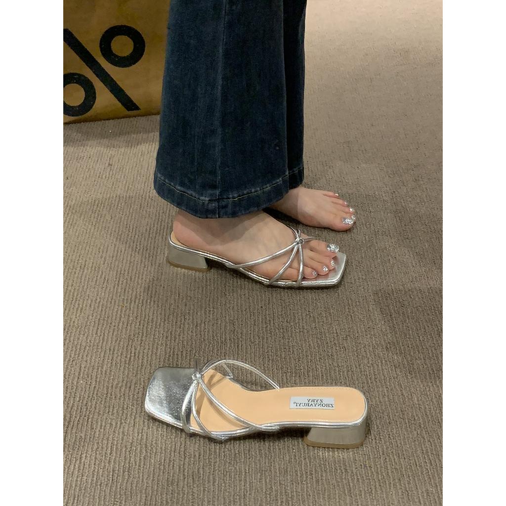 French Evening Breeze Sandals Outside Women's Shoes Spring and Summer 2024 New Silver Square Head with Skirt Thick Heel Sandals