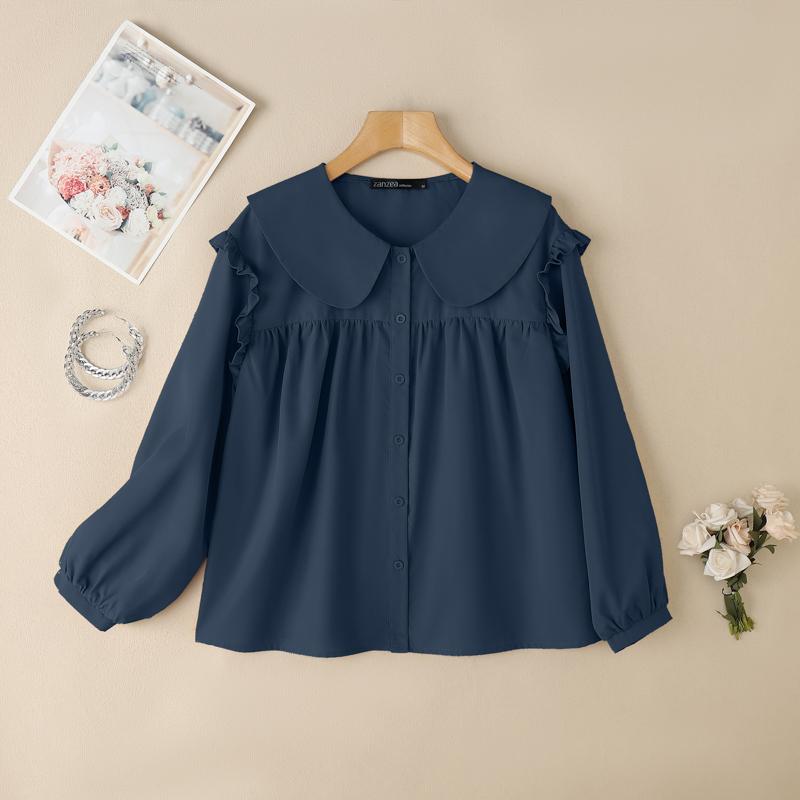 ZANZEA Женская свободная повседневная блузка с длинным рукавом и воротником-стойкой