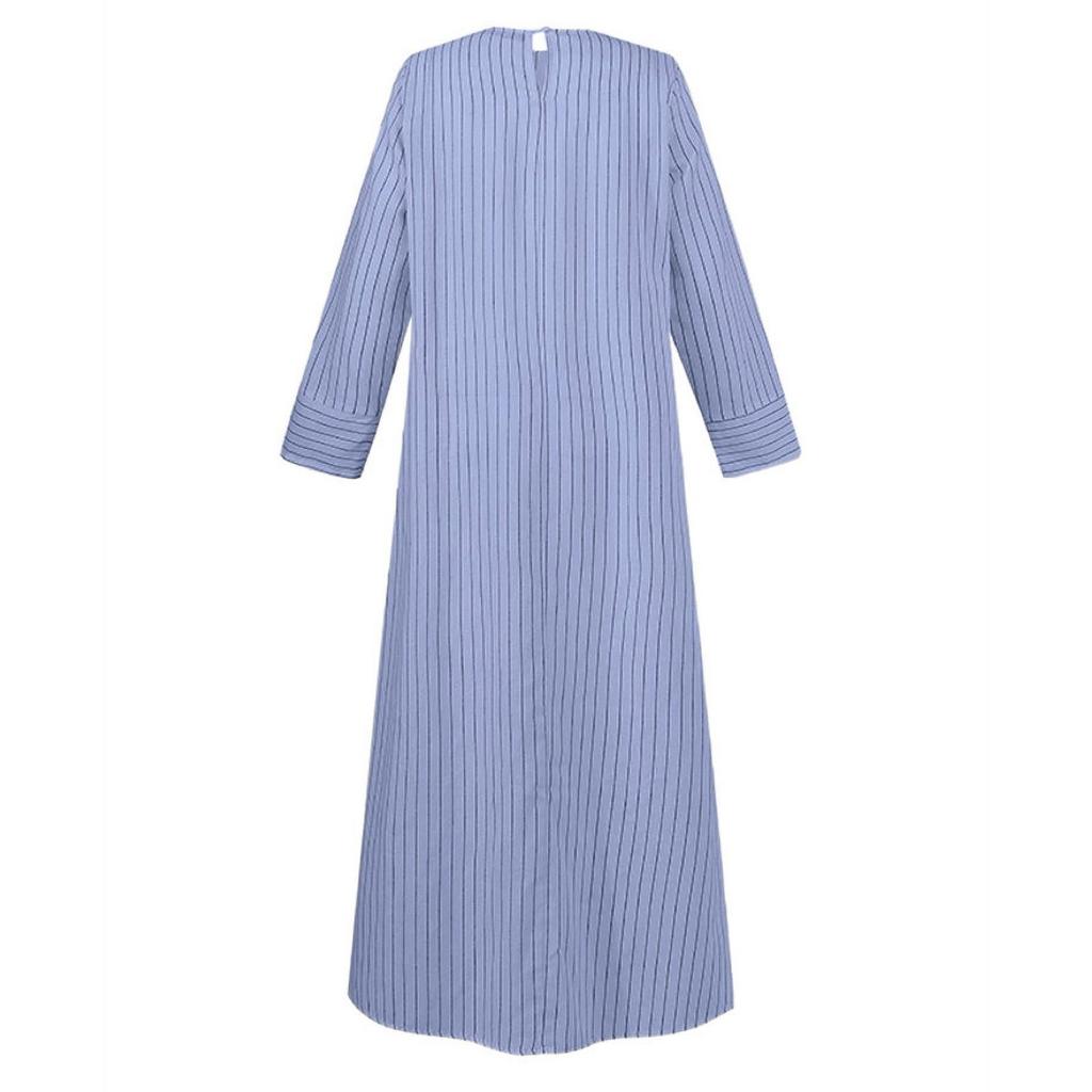 Women Long Sleeve Muslim Islamic Dress Casual Striped Kaftan Dress