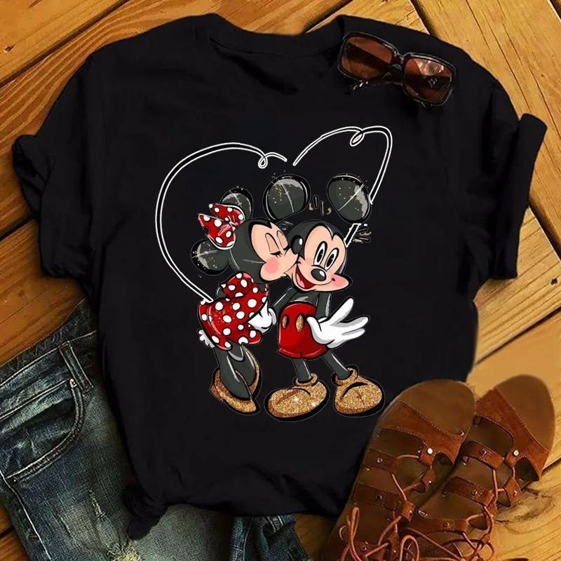 Unisex Mickey and Minnie Print T-shirt Casual Round Neck Short Sleeves T Shirt Summer Casual Clothing Top Black Tee