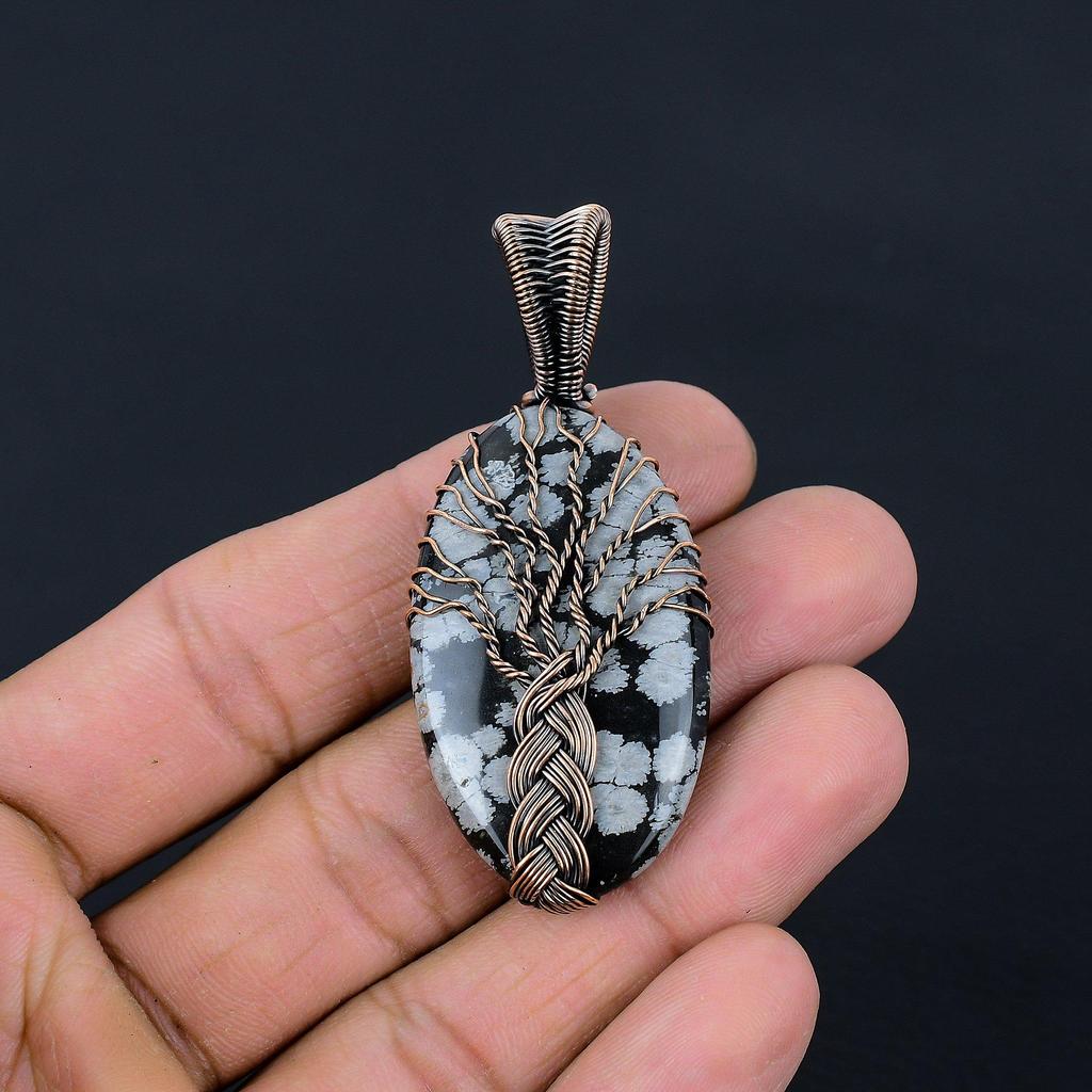 Gorgeous Tree Of Life Snowflake Obsidian Gemstone Handmade Pure Copper Wire Wrap Jewelry Pendant