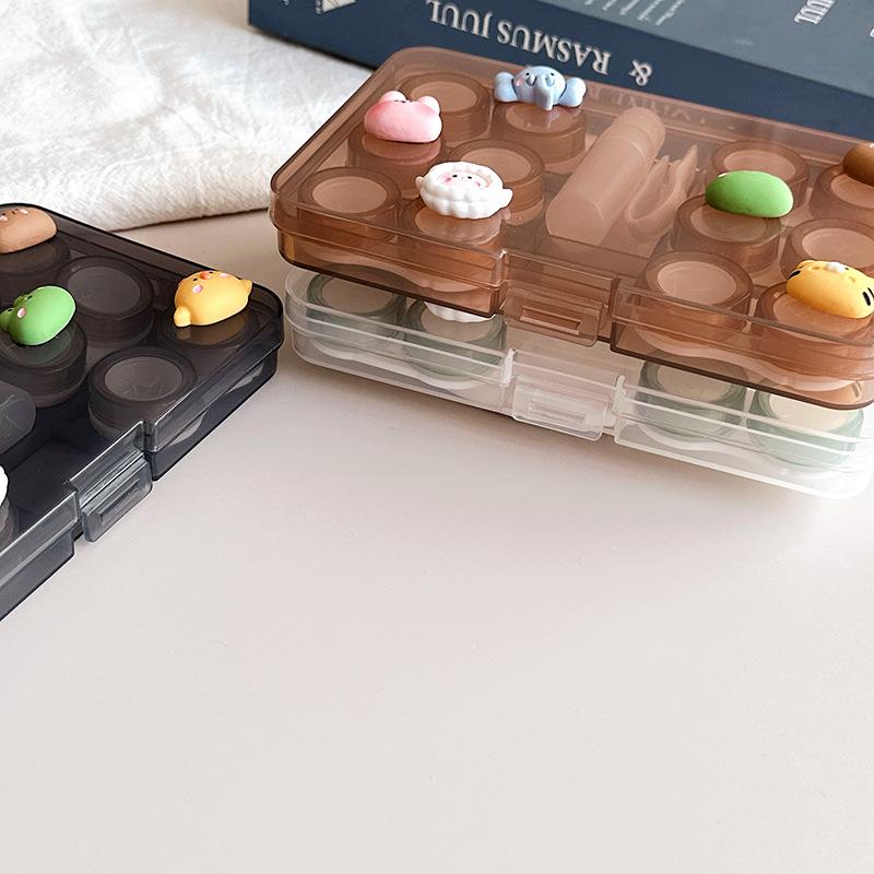 Dark Colored Multi Pair Contact Lens Case Diy Six Pairs Storage Box With 6 Double Containers Bottle Tweezers Travel Organizer