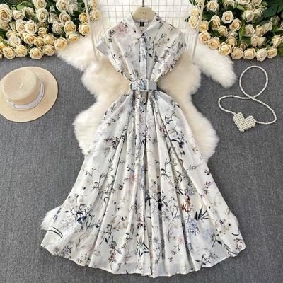 Летние женские повседневные платья миди с коротким рукавом, отложным воротником, однобортной застежкой, принтом и поясом для вечеринок