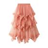 Women Cake Skirt Mid-rise Elastic Waist Irregular Hem Midi Skirt Solid Color Mesh Swing Long Skirt Daily Wear