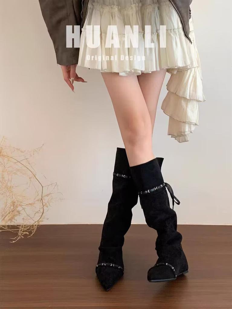 2025 ранняя осень новые внутренние замшевые универсальные рыцарские сапоги в стиле вестерн ковбойские с острым носком кисточками плиссированные присборенные сапоги