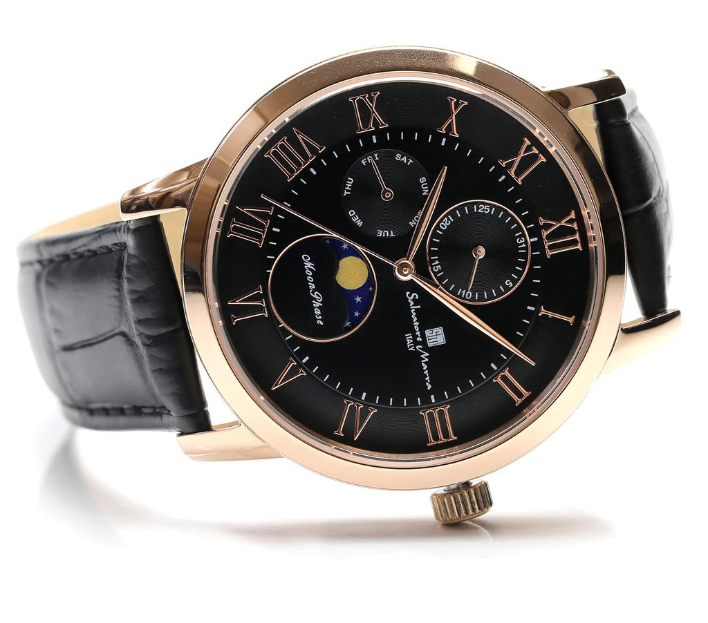 Watch Moon Phase Multi Calendar 5 ATM Water Resistant Business Formal Leather Belt Limited Model Black Pink Gold [Salvatore Mara] Men's SM21106-PGBK