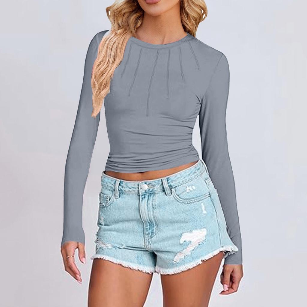 Women's Fashionable Round Neck Slim Fit Solid Color Pleated Long Sleeved Casual Top T-Shirt