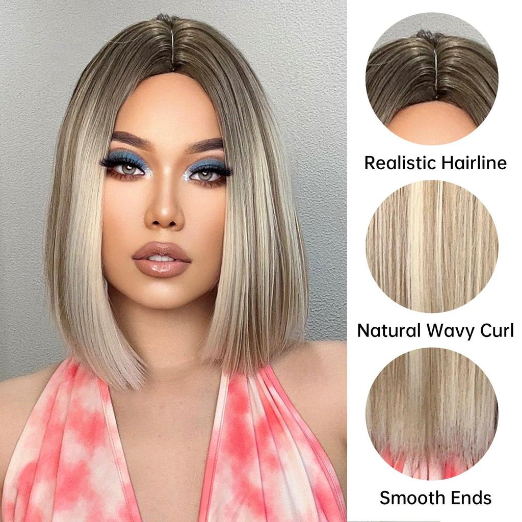 Cosplay Ombre Brown Platinum Blonde Wig Synthetic Straight Short Bob Hair Wigs for Women Natural Heat Resistant Party Daily Use