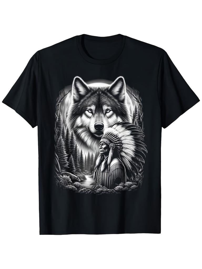 Men's & Women's Native American Wolf Chief Graphic T-Shirt - 100% Cotton 220gsm Soft Breathable Casu