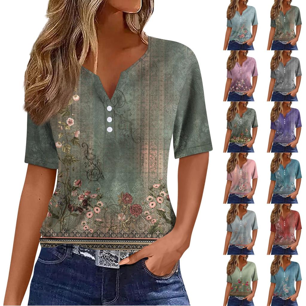 Women's T Shirt Tee Print Button Short Sleeve Daily Weekend Fashion Basic V- Neck Regular Top