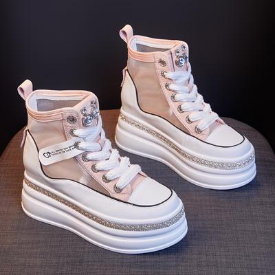 Туфли на толстой подошве с высоким верхом для женщин, летние дышащие кроссовки, универсальные, увеличивающие рост, сетчатые, повседневные, маленькие белые туфли для женщин