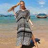 Summer New Bikini Cover Up Robe Fashion Geometric Pattern Cotton Drawstring Loose Long Dress Sexy Women Beach Swimwear Cover Up Q1242