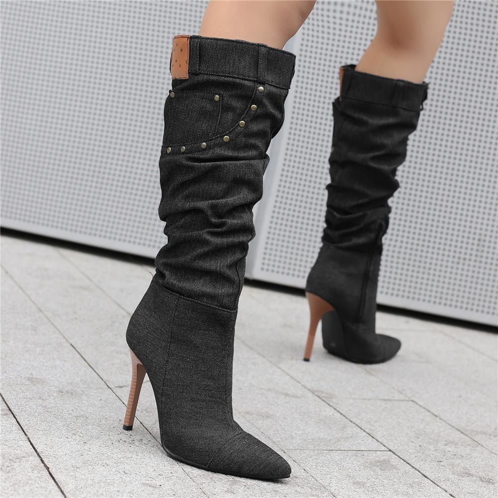 Women's Autumn and Winter New Pleated High-heeled Short Boots Pointed Zip Knee-length Boots Women's 34-50 Large Mid Length Boots