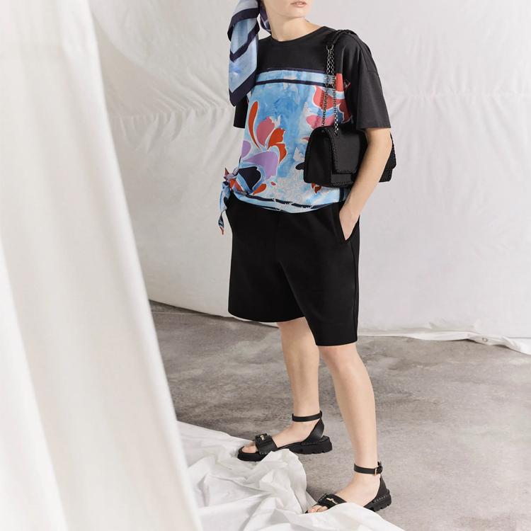 Emporio Armani Женская футболка с принтом и кружевной шнуровкой, круглым вырезом, SS23, топ, темно-синий 6R2T7I-2J53Z-0926