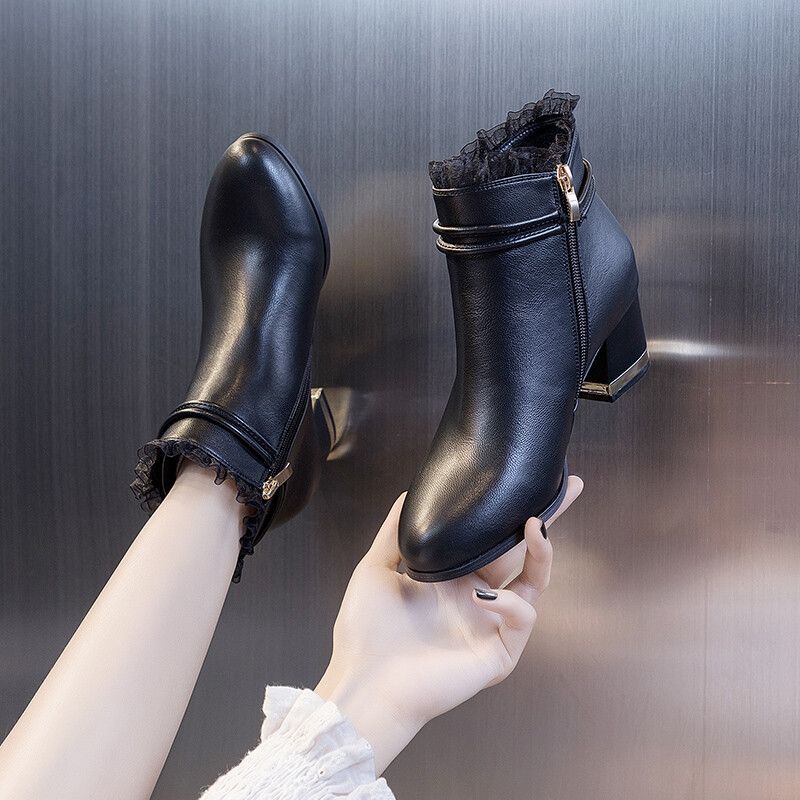 Модные Осенне-Зимние Элегантные Женские Короткие Ботинки на Среднем Каблуке Кожаные Водонепроницаемые с Круглым Носком Женские Ботильоны Распродажа Новинка в Ботильонах