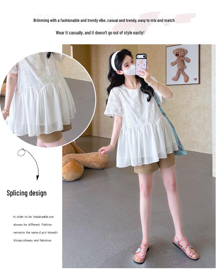 Maternity Summer 2026 Korean Style Embroidered Chiffon Doll Shirt and Belly Support Shorts Set