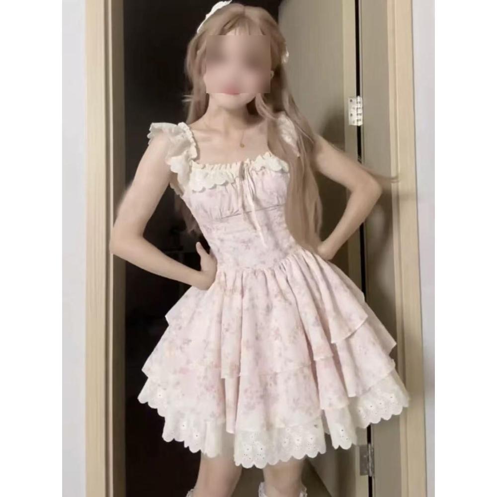 Sweet Pure Desire Small Flying Sleeves Floral Dress Women's Summer French Waist Small Princess Puffy Cake Short Dress