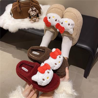 Теплые хлопковые тапочки Hello Kitty на осень и зиму, домашние комнатные, для ношения на улице, нескользящая мягкая подошва, пушистый хлопковый моп