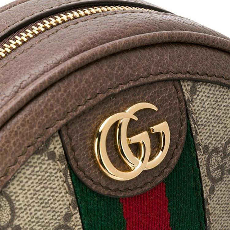 Gucci Круглая монетница из канвы GG Supreme с отделкой из коричневой кожи и полосой Web, Женская сумочка-клатч на запястье для ежедневных поездок 574841-96IWG-8745
