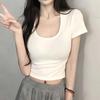 Женский укороченный топ из хлопка облегающего кроя с U-образным вырезом - Весенне-летняя футболка с коротким рукавом
