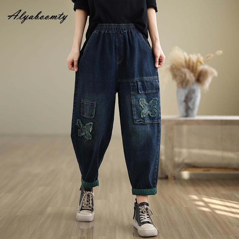 Корейский стиль осень-зима женские джинсы-бабочки с высокой талией повседневные свободные аппликации джинсовые брюки темно-синие черные винтажные джинсы