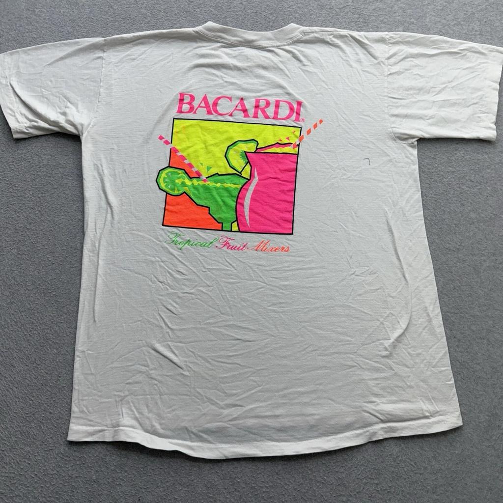 Винтажная футболка с ромом Bacardi Пляжная Неоновая Одинарный шов Белая 80-е 90-е Двусторонняя