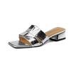 Cow Skin Mules Peep Toe Low Heels Summer Shoes Rome Office Lady Silver Color Gold Color Women Sandals