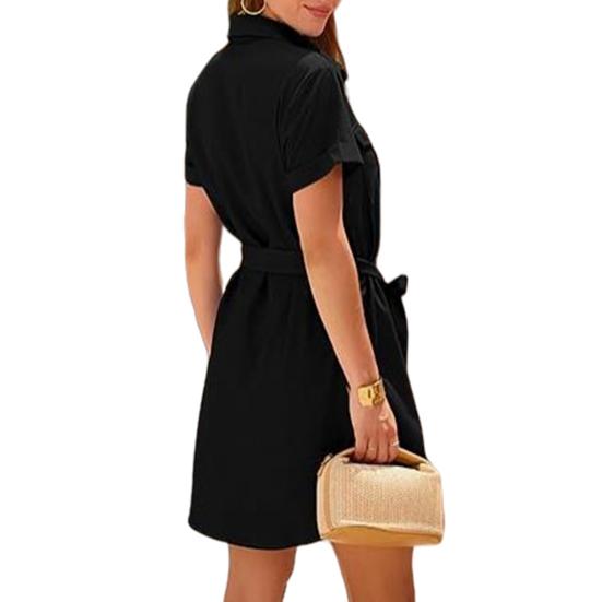 Женское платье-рубашка с лацканами и короткими рукавами на пуговицах, мини-платье с V-образным вырезом и поясом, карманное платье, уличная одежда