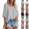 Women's Fashion V-Neck Knit Loose Solid Colour Mid Sleeve Casual T-Shirt Top