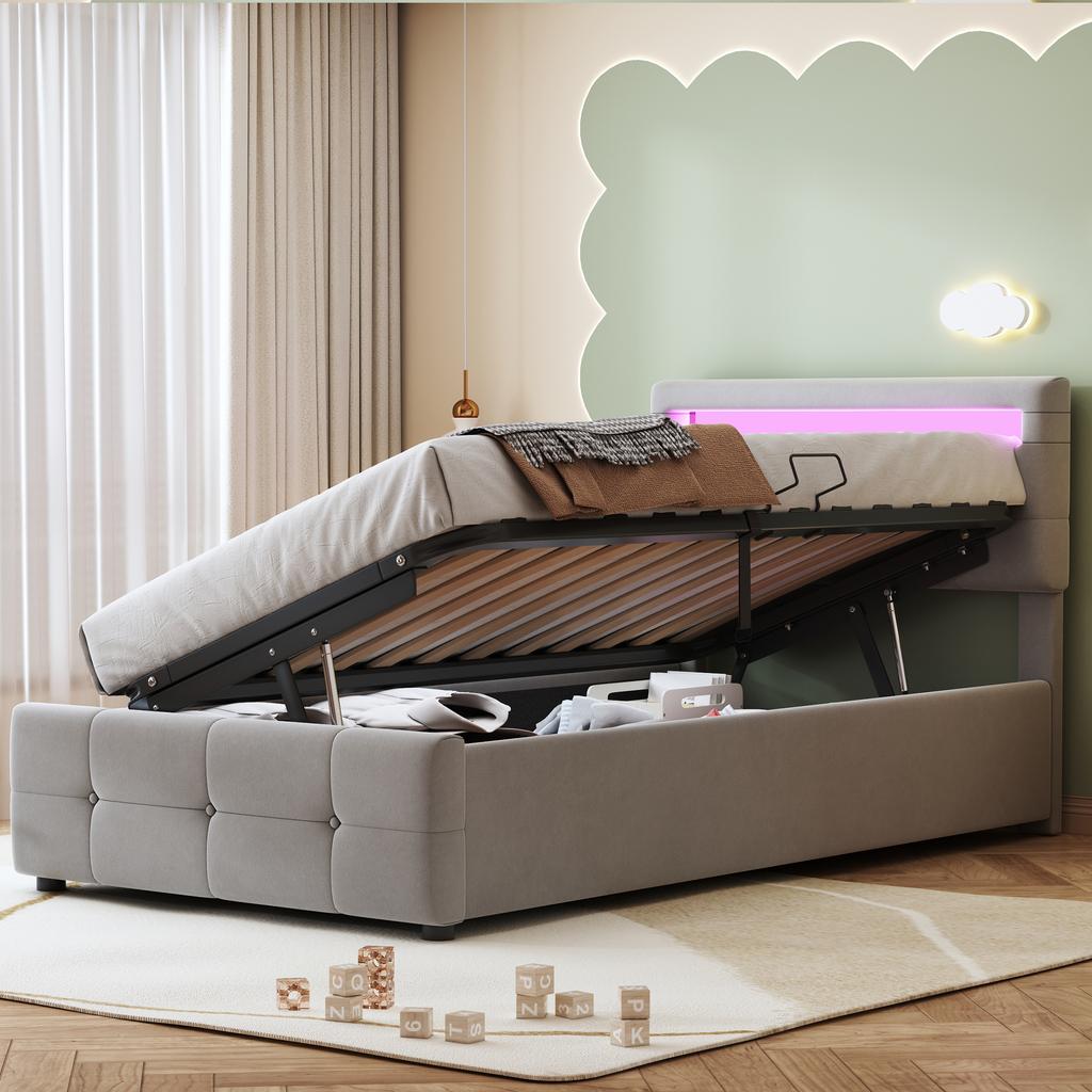 Upholstered Children's Bed 90x200 cm, With LED Lighting, Hydraulic Storage, Height-Adjustable Headboard, Single High Box, Velvet Fabric, Grey